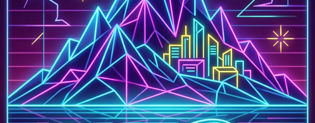 Neon glowing geometric mountains with a futuristic city nestled and waves in foreground