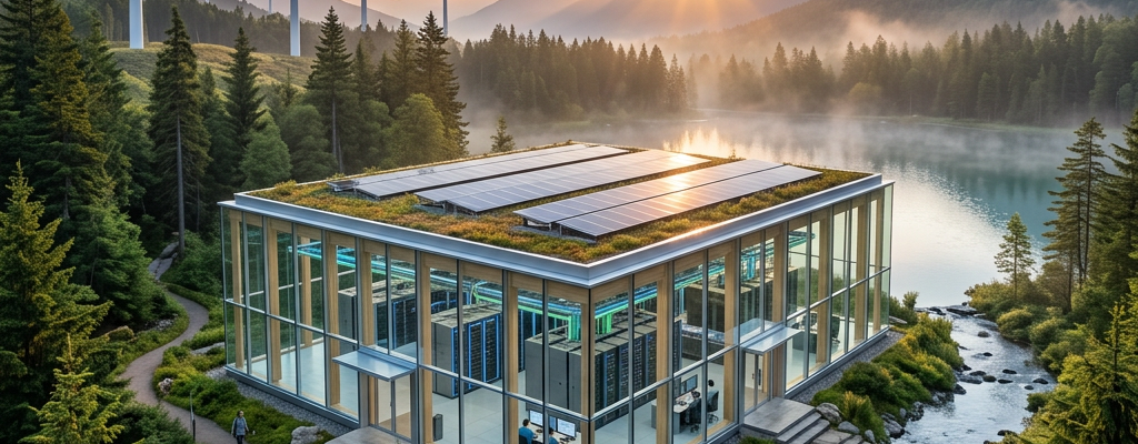 Glass-walled data center building with solar panels on roof surrounded by forest, river, and wind turbines at sunrise