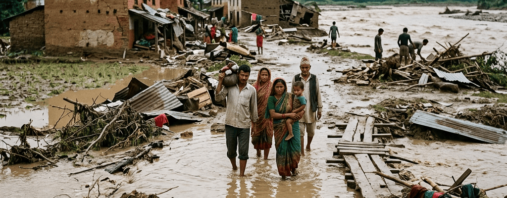 Flood survivors wade through debris beside damaged riverside homes.